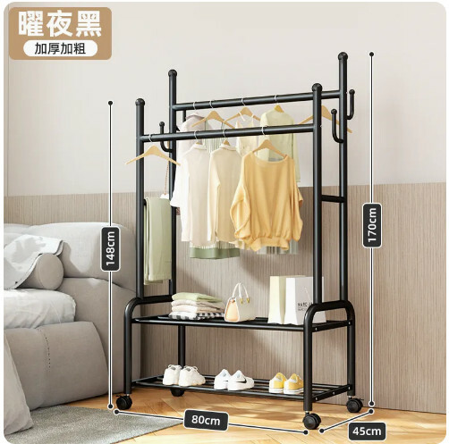 新款衣帽架,掛衣架,簡約掛衣櫃，曬衣架，曬被架(80x170x45cm)雙掛衣+2層架(黑色)帶輪款