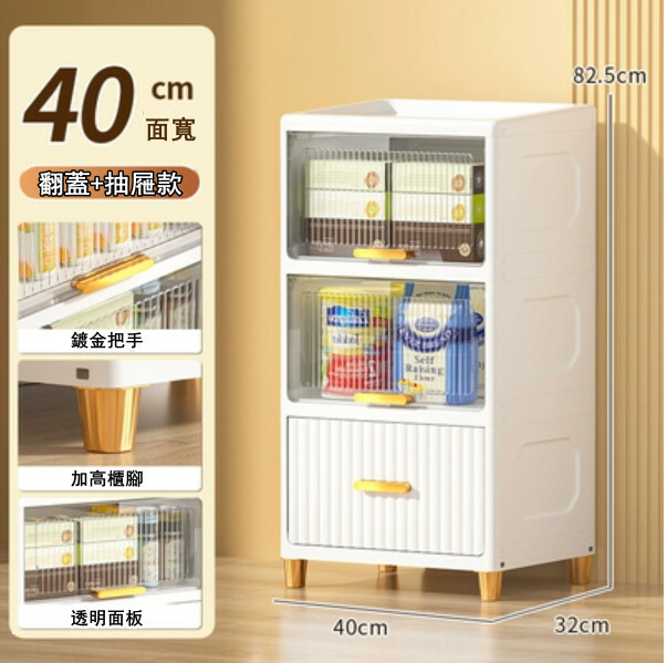 爆款儲物組合 床頭櫃 厨房櫃 玩具櫃 浴室櫃 多層收納架【40cm+3層】透白翻蓋+白色抽屜
