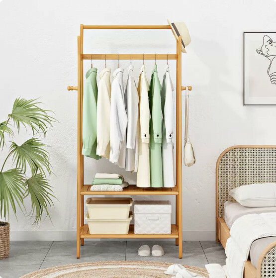 New bamboo solid wood furniture, coat rack, clothes drying rack, wardrobe [68x40x169cm]