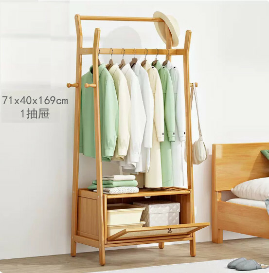 New bamboo solid wood furniture, coat rack, clothes drying rack, wardrobe [71x40x169cm] 1 drawer
