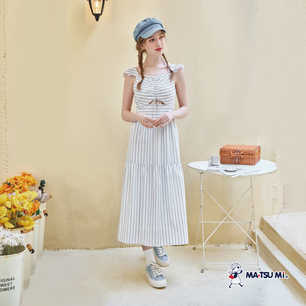 MA‧TSU Mi 條紋吊帶縷空抽繩長洋裝(深藍.白)