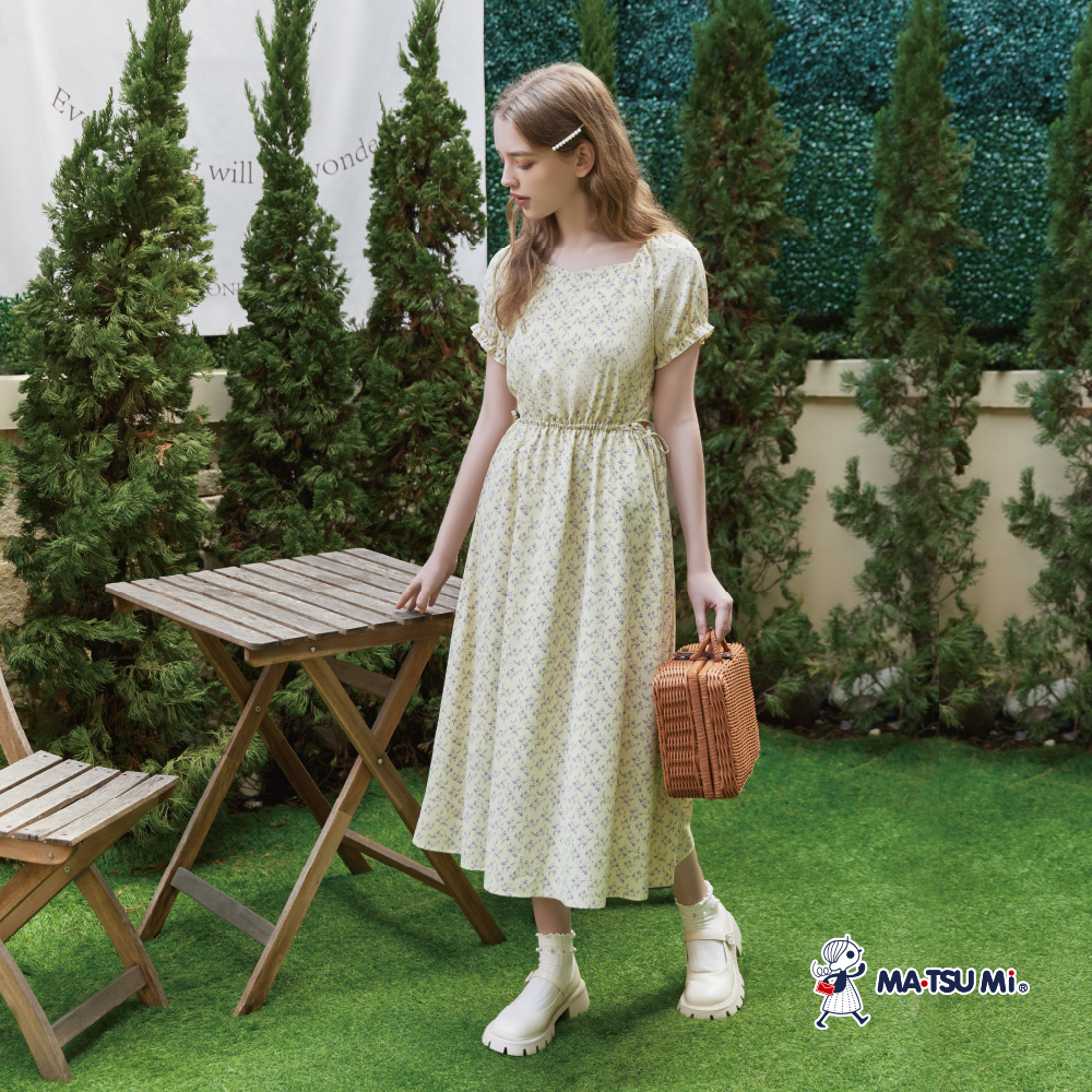 MA‧TSU Mi 甜美碎花縷空蝴蝶結綁帶長洋裝(粉黃.白)