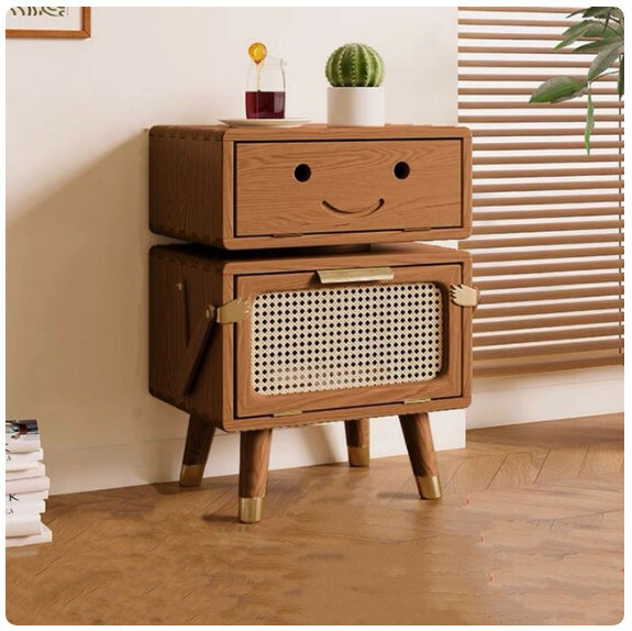 Hot Recommended Wooden Bedside Table Sofa Coffee Table Rattan Storage Cabinet (Walnut Color)