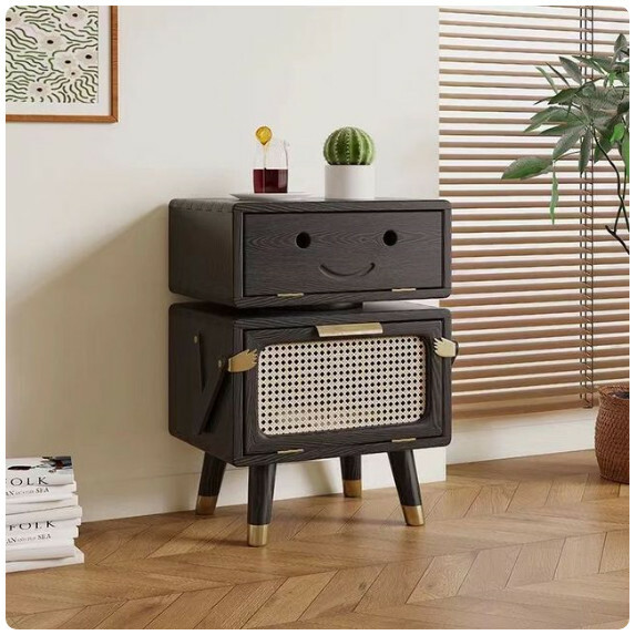 Hot Recommended Wooden Bedside Table Sofa Coffee Table Rattan Storage Cabinet (Black)