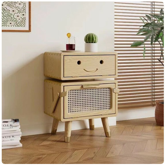 Hotly recommended wooden bedside table sofa coffee table rattan storage cabinet (raw wood color)