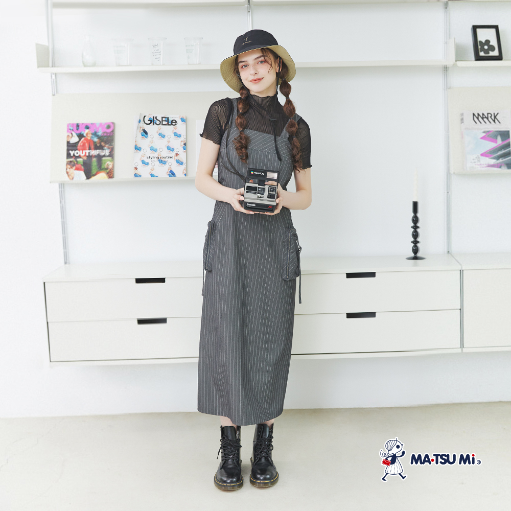 MA‧TSU Mi 工裝風口袋抽繩吊帶條紋洋裝(黑.灰)