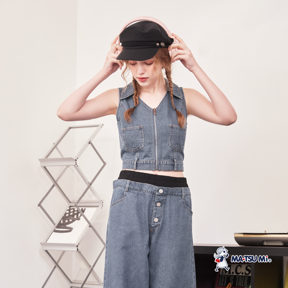 MA‧TSU Mi 拉鍊v領設計丹寧感短版合身背心(深藍)