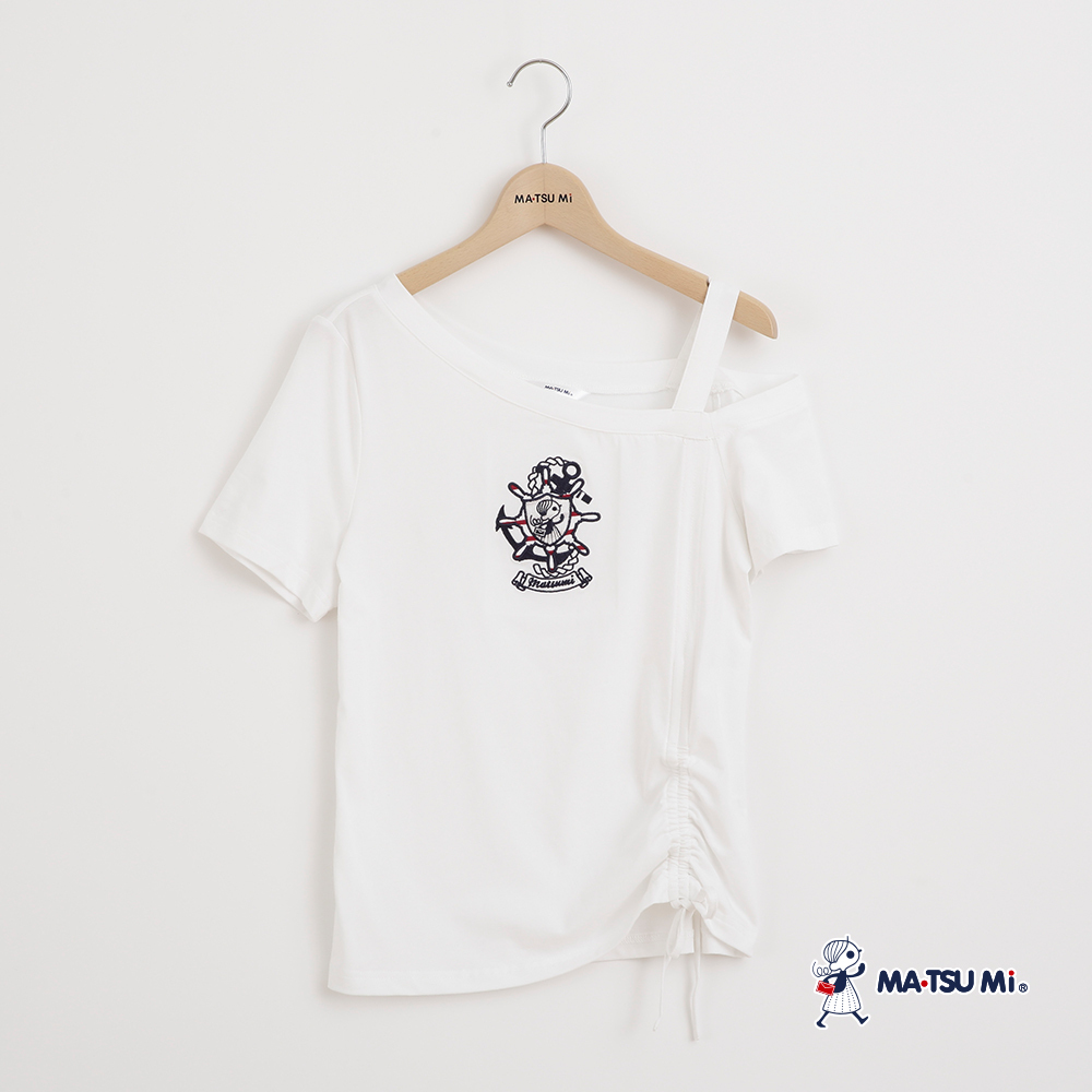 MA‧TSU Mi 挖肩不對稱領抽繩海軍風瑪娃棉上衣(深藍.白)