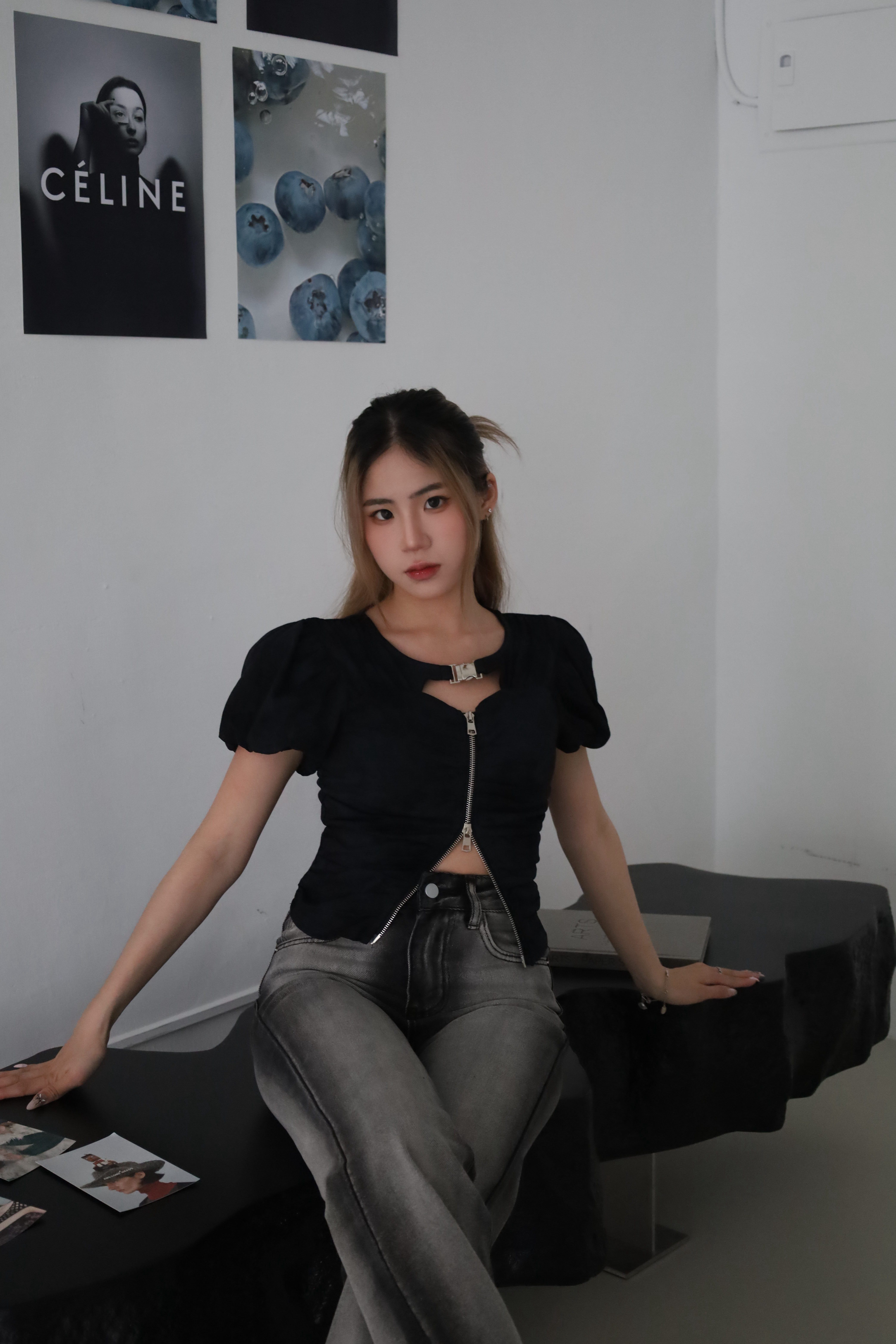 暈染銀釦公主袖上衣