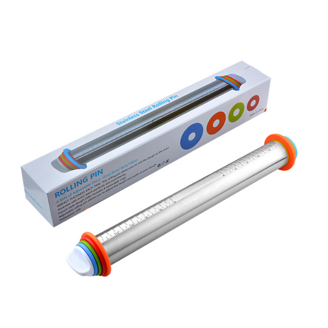 Stainless steel rolling pin with adjustable thickness scale (rolling pin + color box)