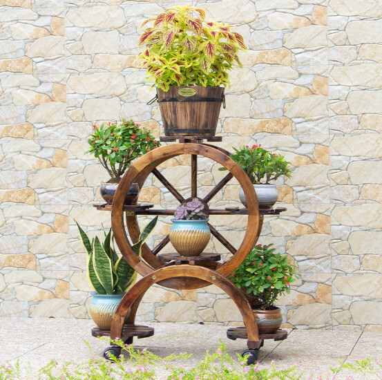 New fir solid wood furniture, outdoor furniture, wheel flowerpot stand, retro display stand [75x36.5x82cm]