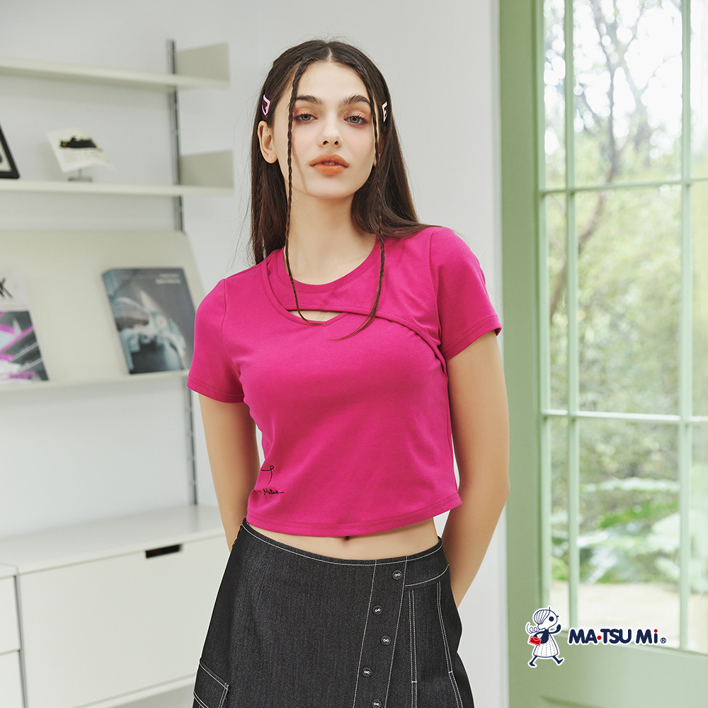 MA‧TSU Mi 前挖洞短版不對稱棉上衣(桃紅.深藍)