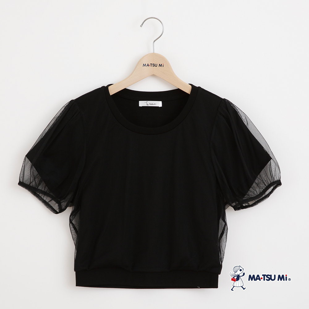 MA‧TSU Mi 個性網紗拼接澎袖感短版棉上衣(深藍.白.黑)