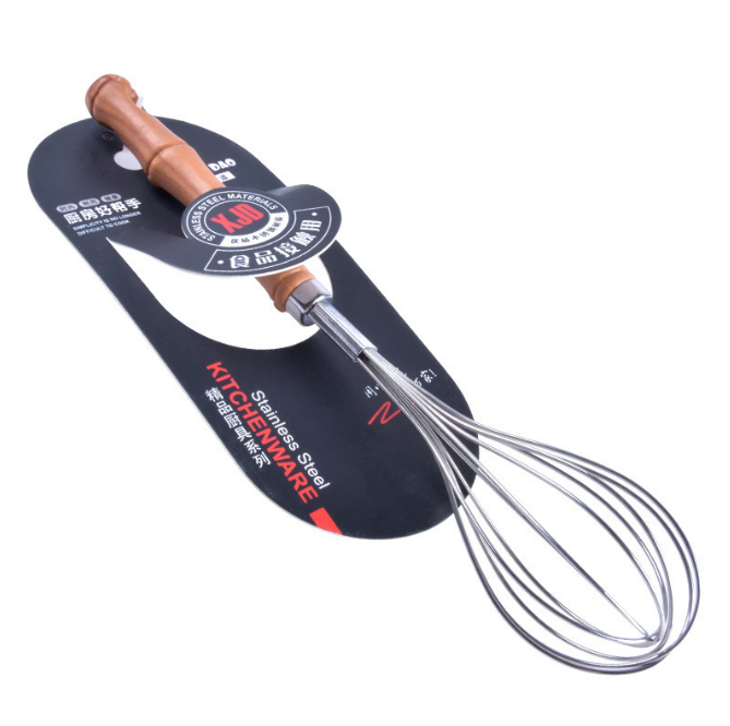 Long-handled hand-held stainless steel egg beater (wooden handle)