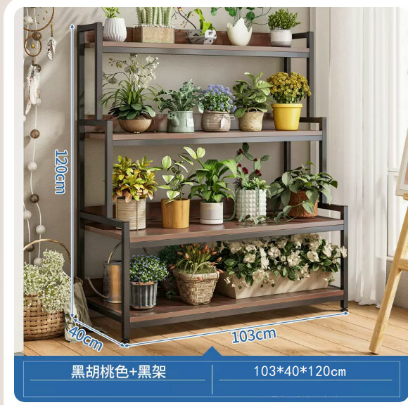 新款鐵藝戶外傢具 花架 玄關櫃 展示架 書架 4層黑胡桃+黑架 103x40x120cm