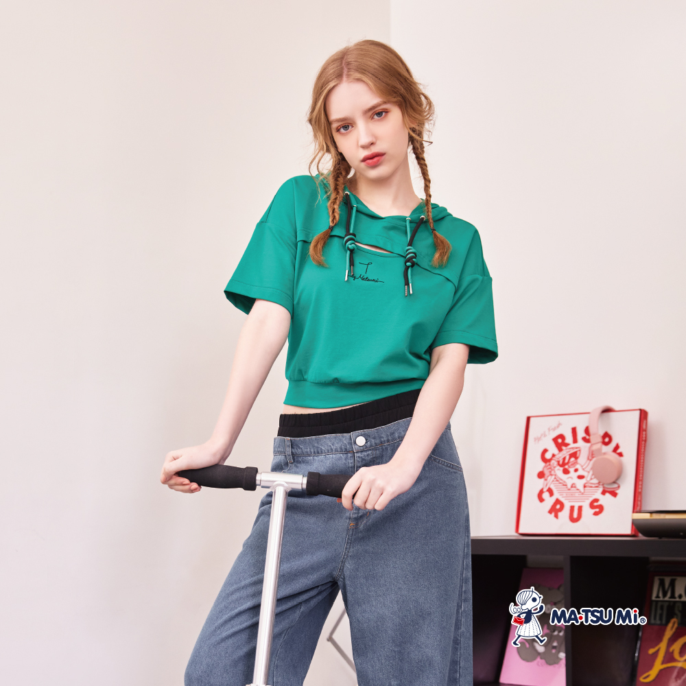 MA‧TSU Mi 前縷空休閒連帽棉上衣(墨綠.黑)
