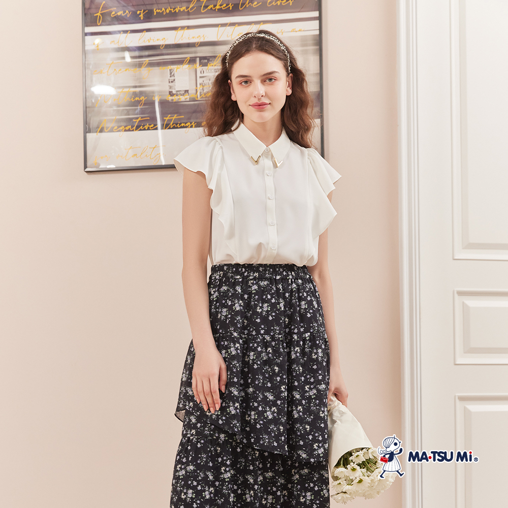 MA‧TSU Mi 優雅碎花層次飄逸感花瓣長裙(水藍.黑)