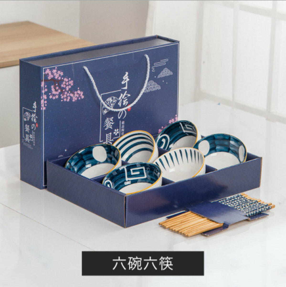 Japanese hand-painted bowl and chopsticks ceramic set (six bowls and six chopsticks)
