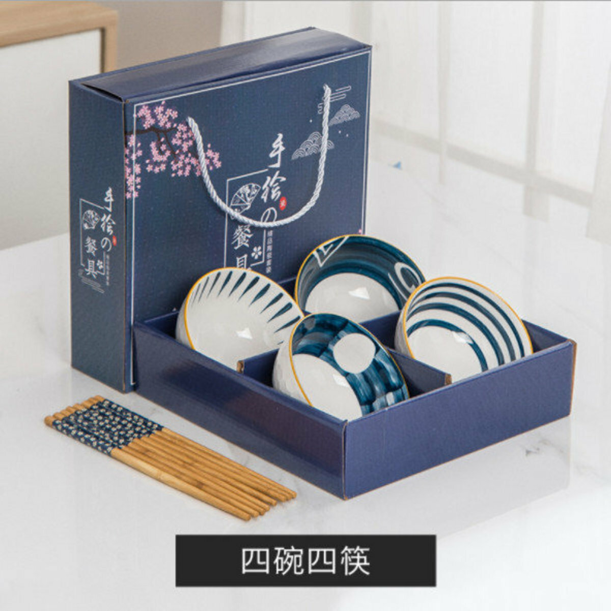 Japanese hand-painted bowl and chopsticks ceramic set (4 bowls and 4 chopsticks)