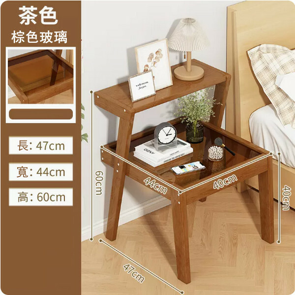 Popular bamboo solid wood furniture, bedside table, small coffee table, sofa side cabinet [47x44x60cm] brown + brown glass