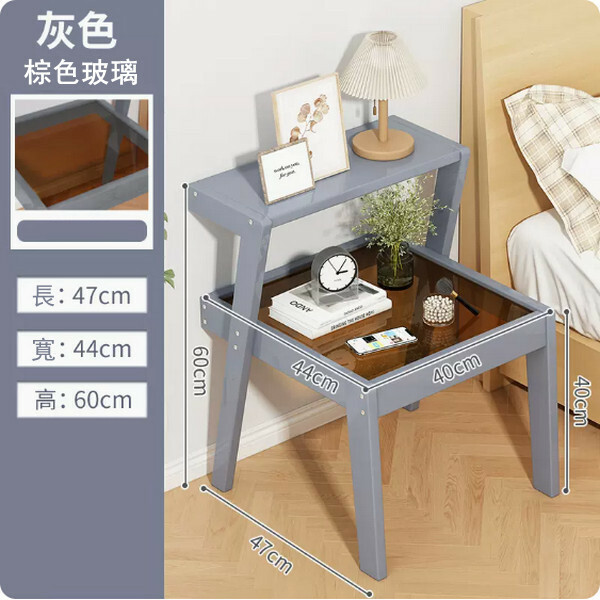 Popular bamboo solid wood furniture, bedside table, small coffee table, sofa side cabinet [47x44x60cm] gray + brown glass