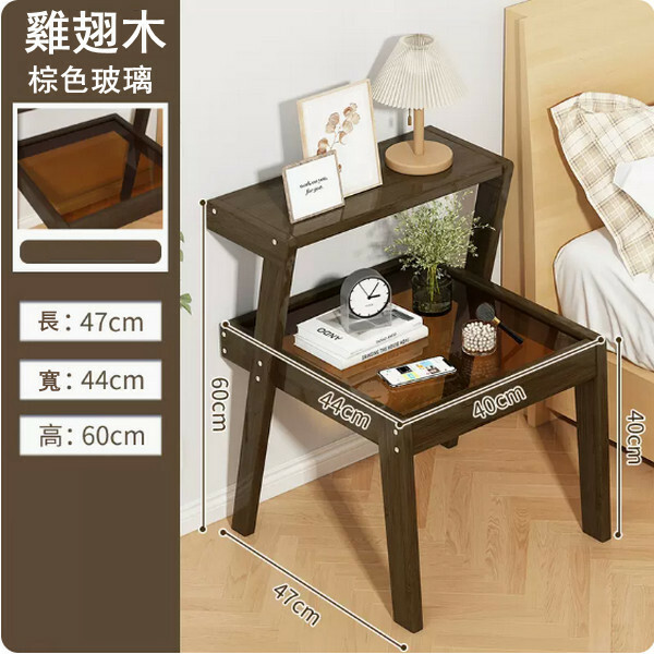 Popular bamboo solid wood furniture, bedside table, small coffee table, sofa side cabinet [47x44x60cm] chicken wing wood color + brown glass