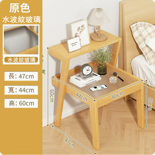Popular bamboo solid wood furniture, bedside table, small coffee table, sofa side cabinet [47x44x60cm] original color + long red glass
