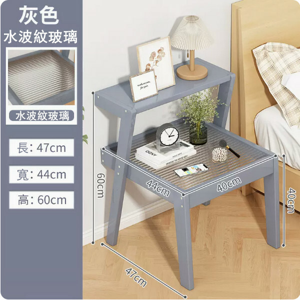 Popular bamboo solid wood furniture, bedside table, small coffee table, sofa side cabinet [47x44x60cm] gray + long red glass