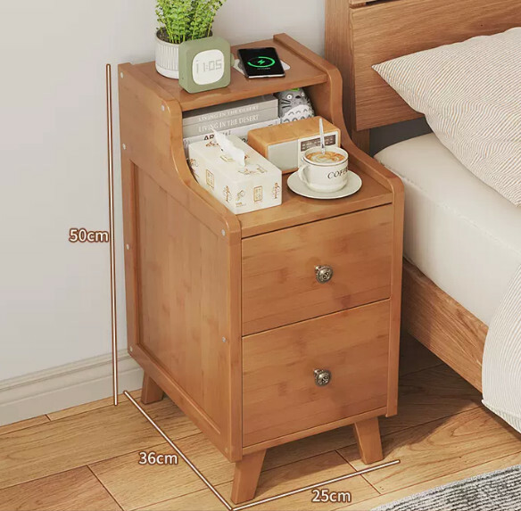 Popular bamboo solid wood furniture, bedside table, sofa side cabinet, corner coffee table [25cm double drawer] original color