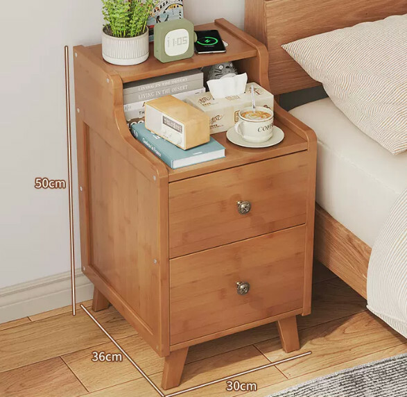 Popular bamboo solid wood furniture, bedside table, sofa side cabinet, corner coffee table [30cm double drawer] original color