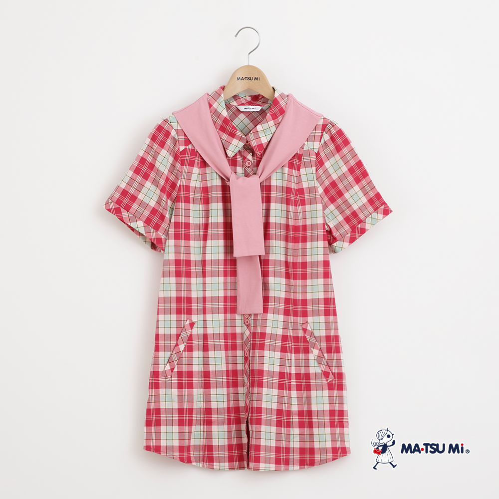 MA‧TSU Mi 學院風兩件式披肩長版格紋襯衫(桃紅.深藍)