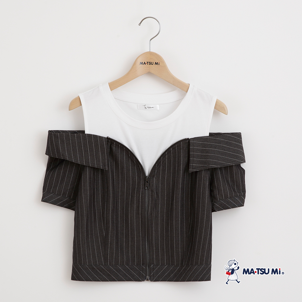 MA‧TSU Mi  假兩件條紋拉鍊露肩短版上衣(黑.深灰)