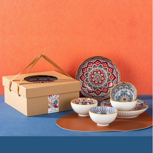 【4 bowls and 2 plates-Bohemia-Japanese box heaven and earth cover】 Japanese ceramic tableware blue and white porcelain bowl set gift box 