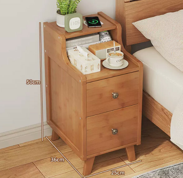 Popular bamboo solid wood furniture, bedside table, sofa side table, small coffee table [25x36x50cm] double-drawn brown