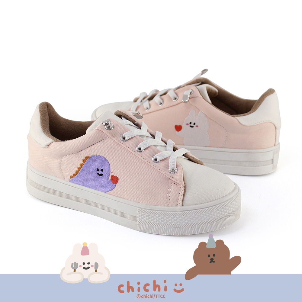 Paidal x 87小兔與小恐龍愛心免綁帶跳色厚底休閒鞋不彎腰鞋-粉