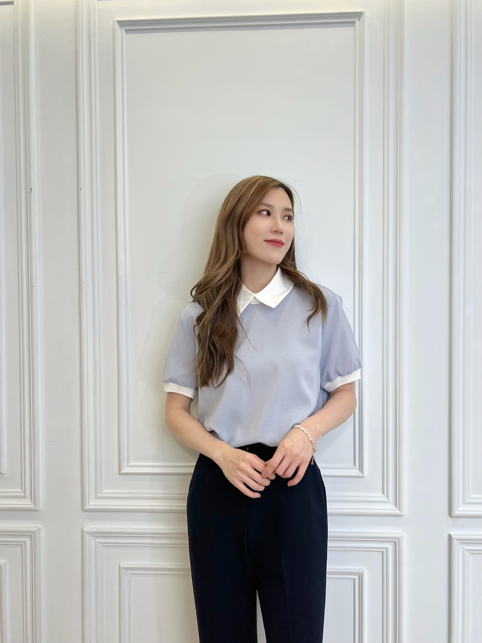 拼接翻領澎短袖上衣