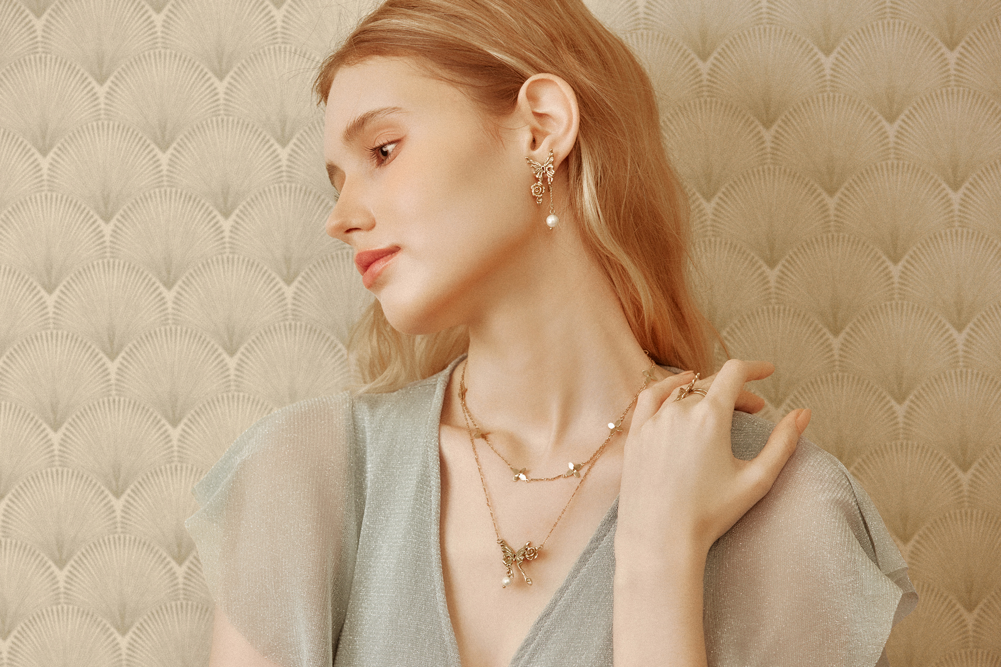 黃銅飾品,黃銅,蝴蝶,氣質,仙女,項鍊,森林系,天然珍珠,雙層