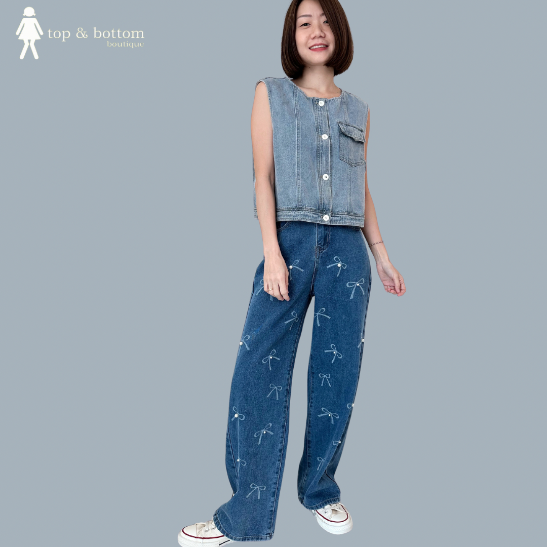 RIBBON BOW & PEARL DETAILED LONG JEANS