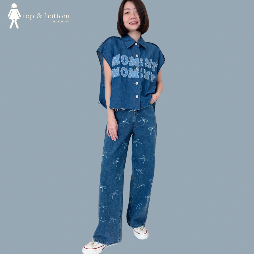 RIBBON BOW & PEARL DETAILED LONG JEANS