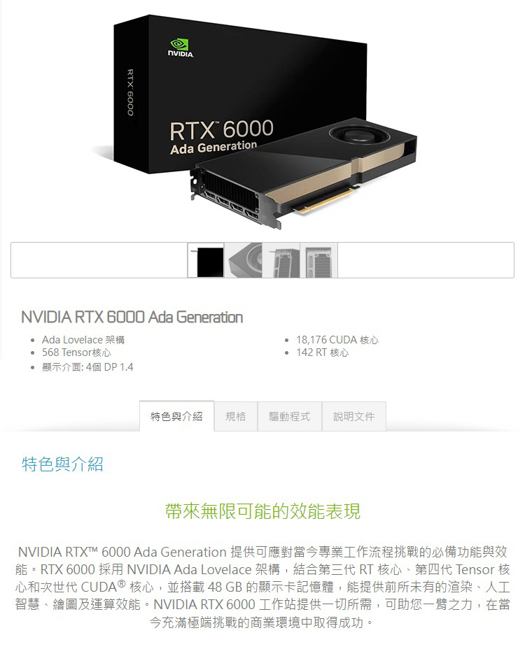 NVIDIA RTX 6000 Ada 48GB GDDR6 384bit 工作站繪圖卡