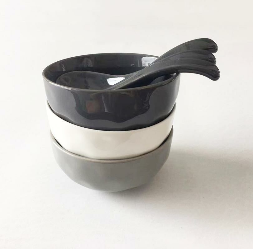 激抵【6件套】陶瓷碗碟 飯碗 勺子長度約：13.5cm 碗：寬約11cm 高約5.5cm)