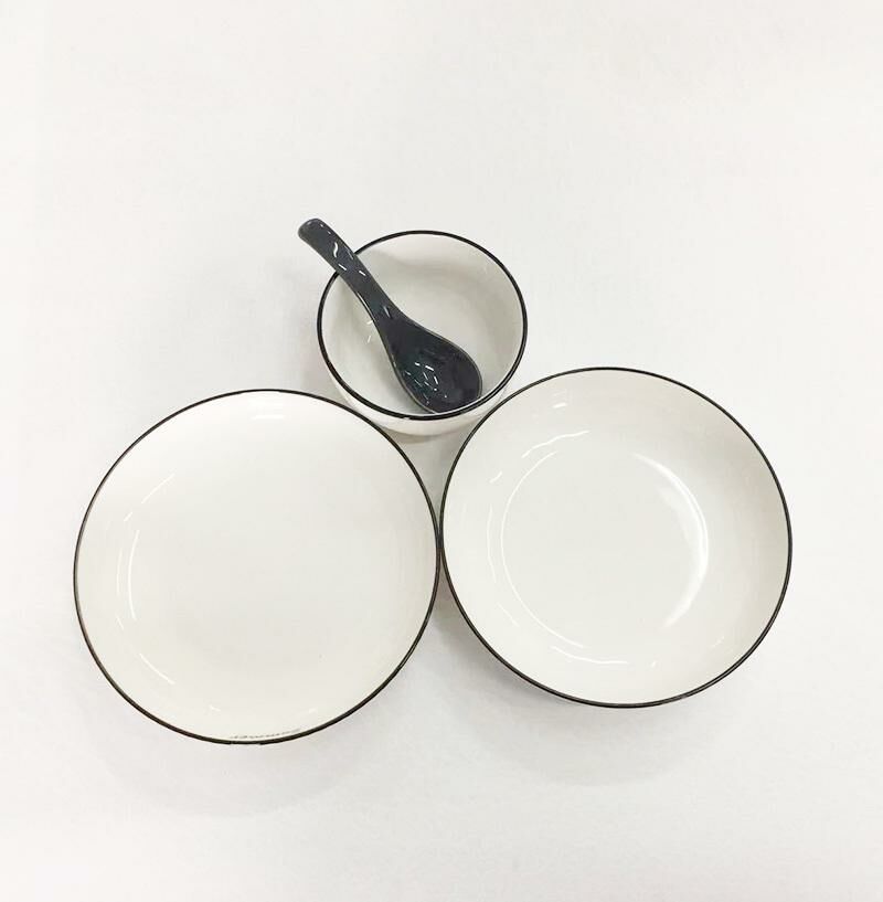 【4 pieces】Round ceramic plate, home dinner plate, ceramic plate, ceramic rice bowl (plate width about 18.5, rice bowl width about 11cm, spoon length 13.5cm)