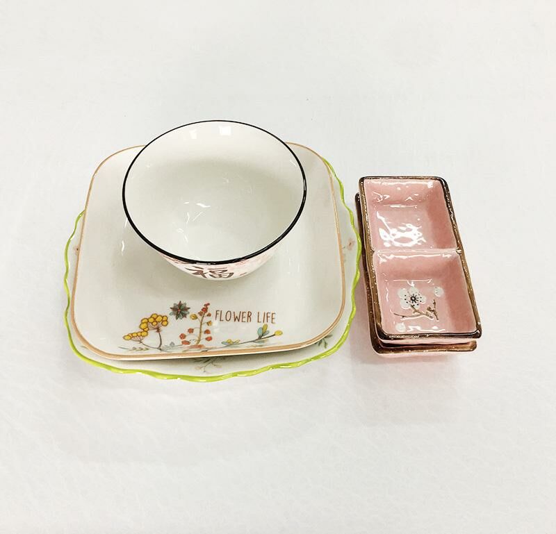 【5 pieces】Round ceramic plate, home dinner plate, vinegar plate, dipping saucer, ceramic rice bowl (square plate width about 17.5cm, rice bowl width about 11.5cm, dipping dish about 13.5cm)
