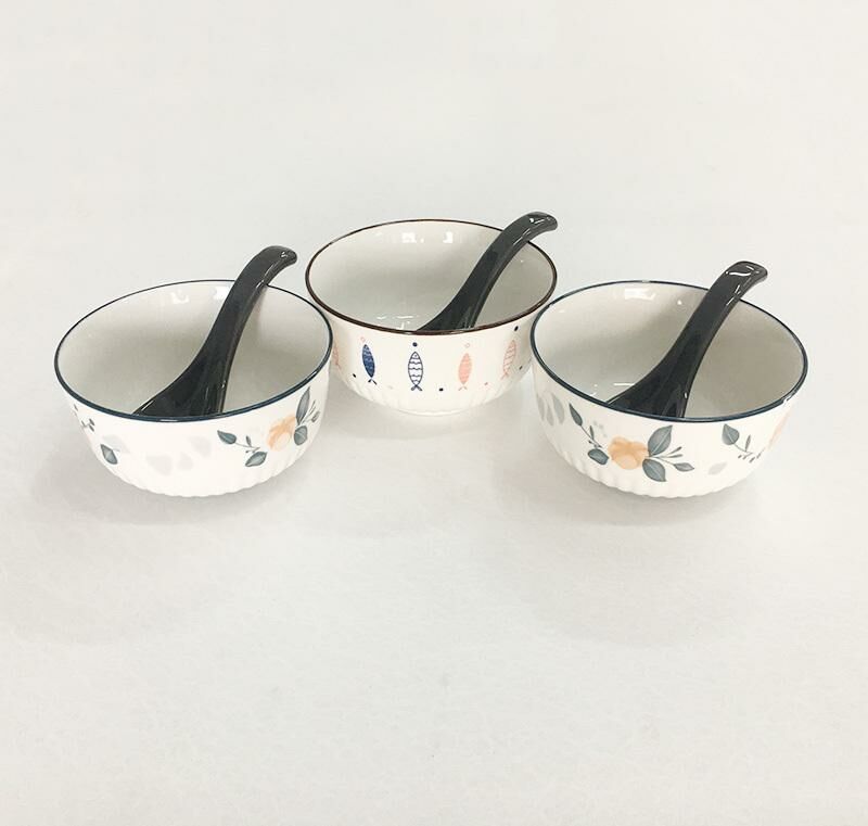 激抵【6件】簡約碗具 陶瓷飯碗（碗寬約11.5cm 勺子長度約13.5cm） 