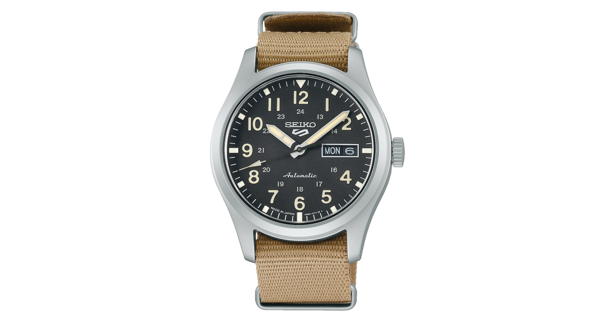 精工 Seiko 5 Japan Seiko 5 Sports SBSA117 日本製 /  SRPG35K1 “Military Style” Black Watch 機械錶 黑面盤 卡其帆布錶手帶