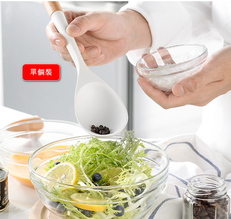 【Single Pack】【Soup Spoon】White wooden handle silicone kitchenware, soup spoon, spoon, cooking tools, cooking equipment, baking utensils