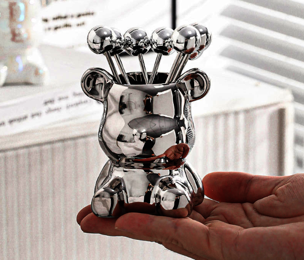Ceramic Plating Bear Fruit Fork Set (Silver Ceramic Bear Base + 6 Ball Forks) (8cm*9cm)