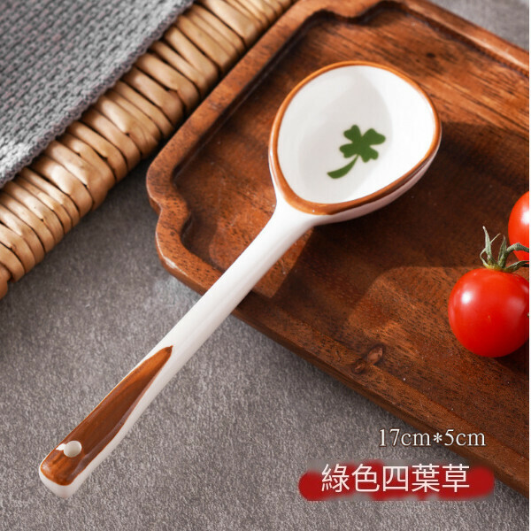 Japanese long-handled round-toed ceramic spoon soup spoon (green leaf)