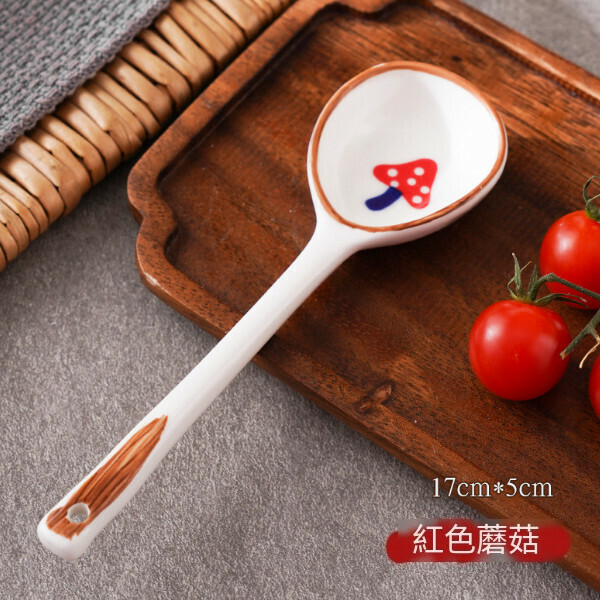 Japanese long-handled round-headed ceramic spoon soup spoon (red mushroom)