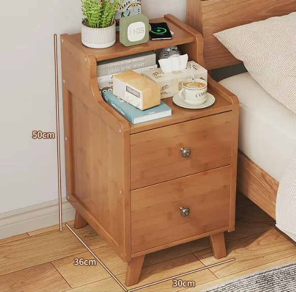 Popular bamboo solid wood furniture, bedside table, sofa side table, small coffee table [30x36x50cm] double-drawn brown